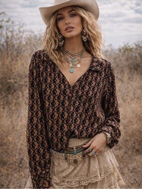 No Boundaries Brown and Black Patterned Button-Down Blouse